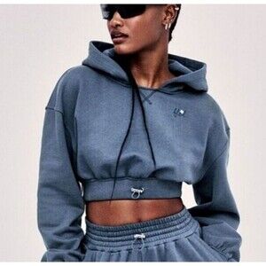 For Love & Lemons Womens Blue Josie Cropped Fleece Oversized Sweatshirt Size L